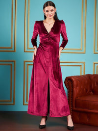 SASSAFRAS Maroon V-Neck Puff Sleeves Velvet Maxi Party Dress