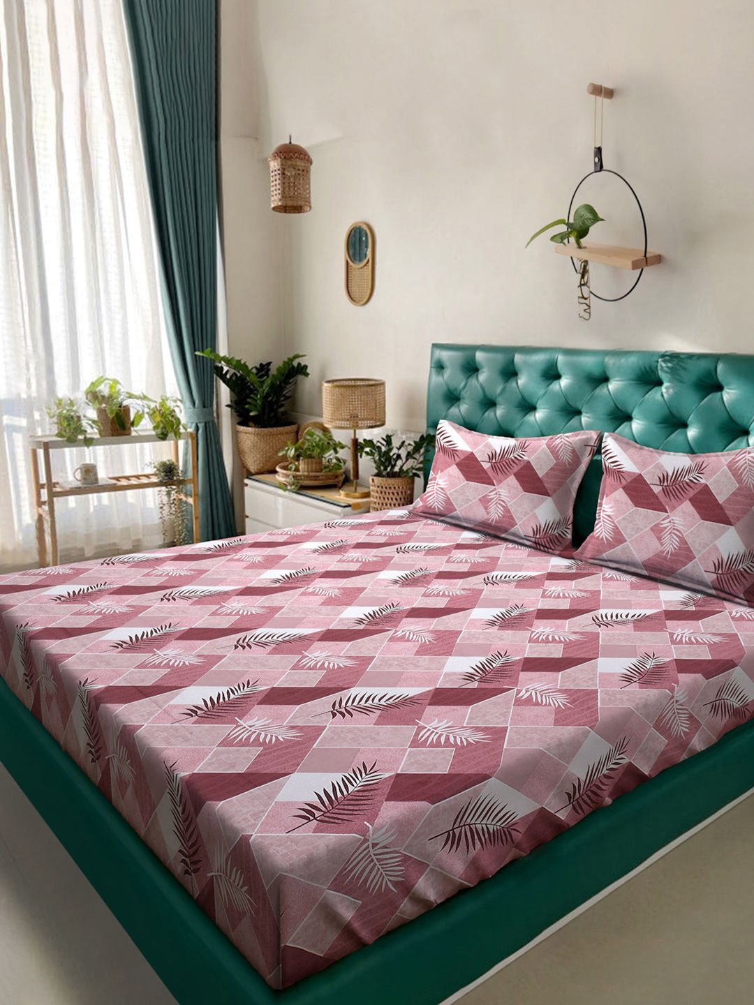 KLOTTHE Purple Floral Printed 400 TC Pure Cotton Fitted King Bedsheet & 2 Pillow Covers