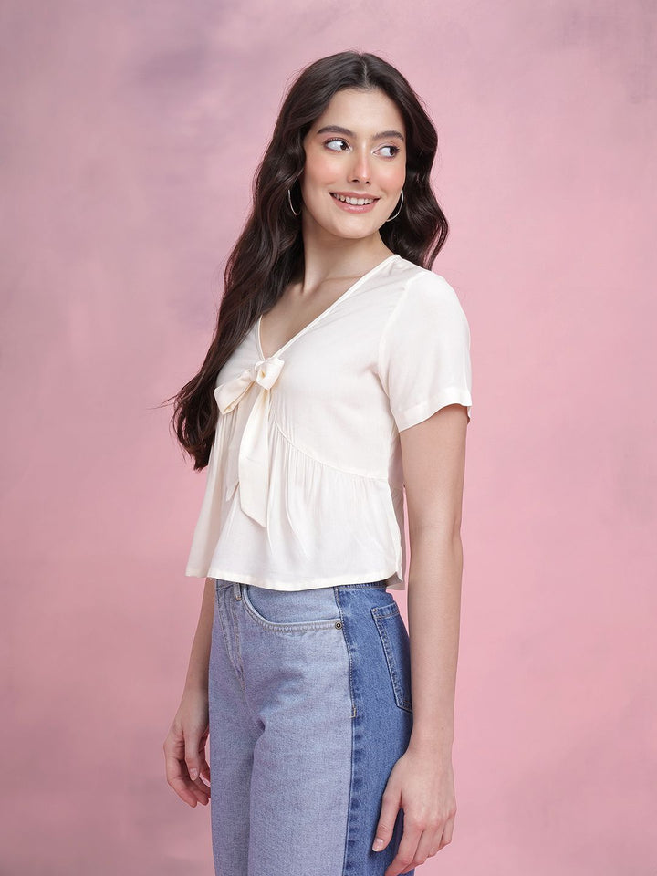 DressBerry Tie-up Detail Pleated Plunge Neck Regular Top