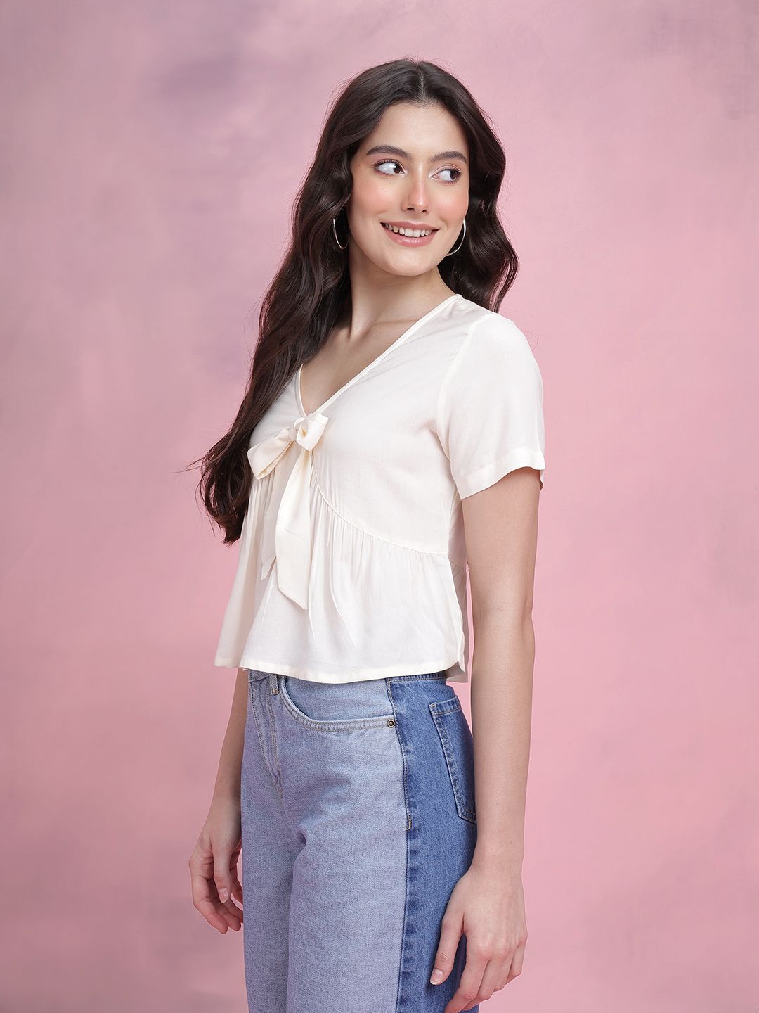 DressBerry Tie-up Detail Pleated Plunge Neck Regular Top