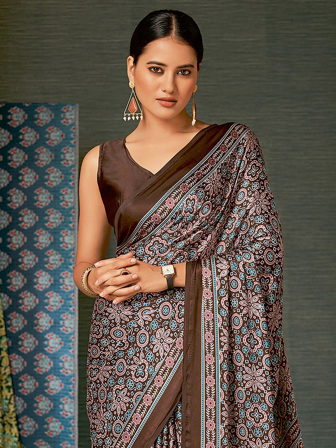 Saree mall Brown & Teal Ajrak Poly Crepe Block Print Sarees