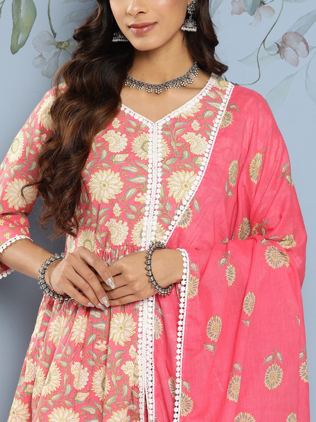 Libas Women Floral Printed Empire Pure Cotton Kurti With Sharara & With Dupatta