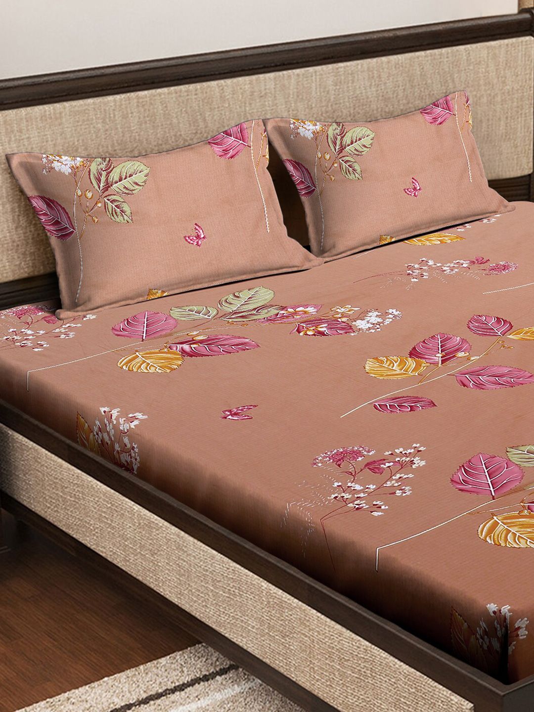 KLOTTHE Brown & Pink Floral Printed 400 TC Cotton Fitted Double King Bedsheets Set