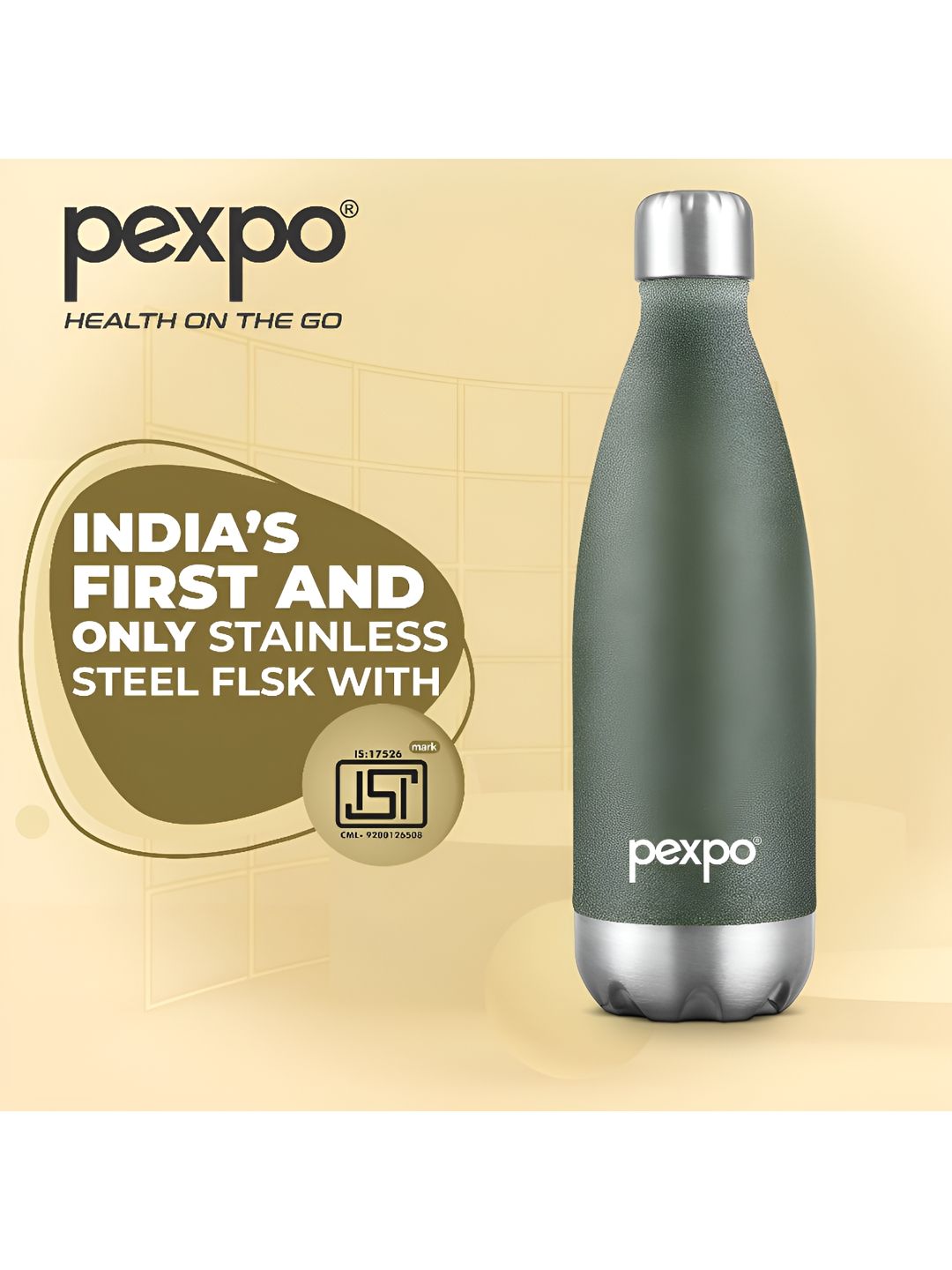 Pexpo ELECTRO ISI Certified Thermosteel 24 Hrs Hot & Cold Green Water Bottle- 500ml