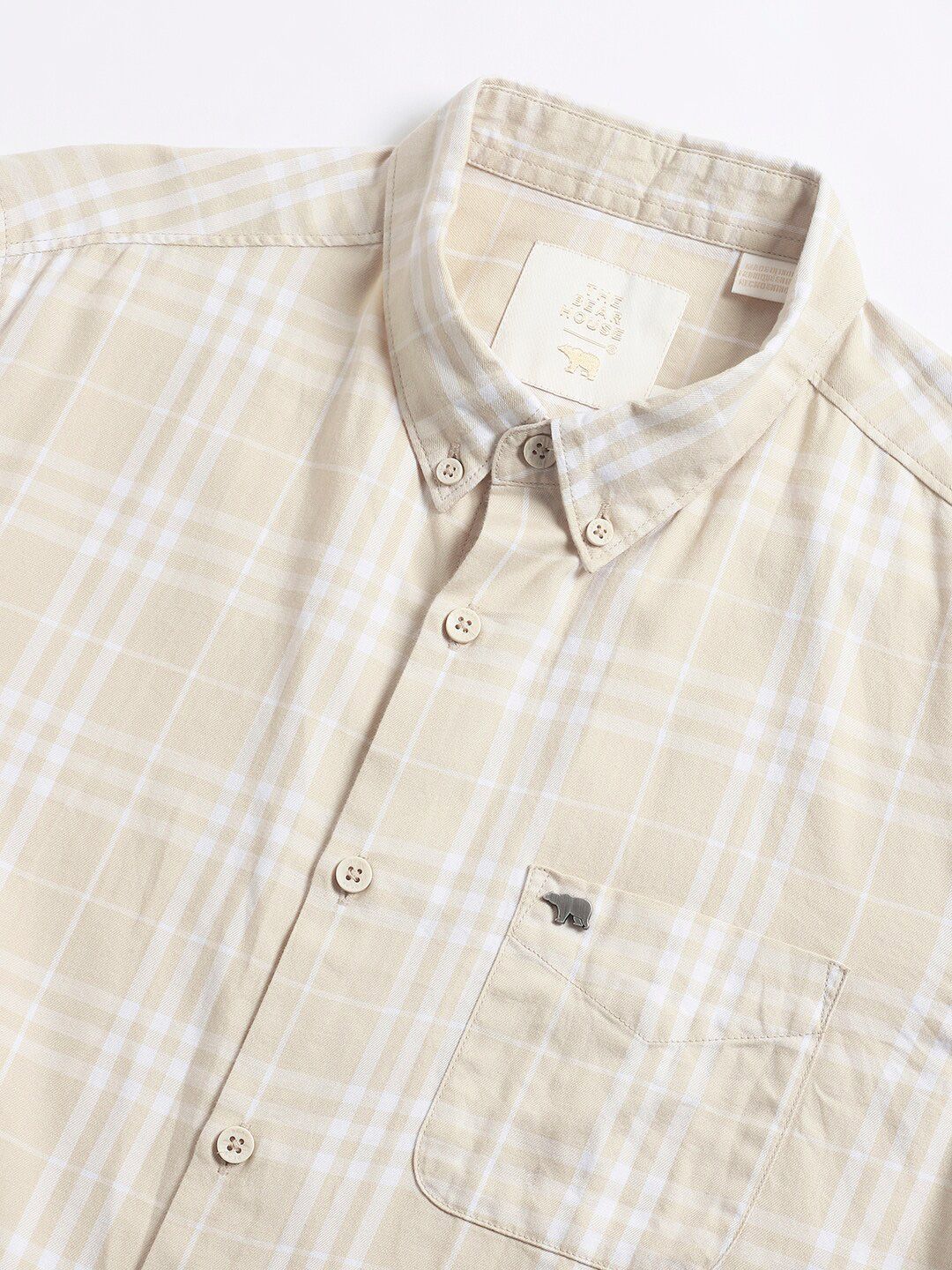 THE BEAR HOUSE Slim Fit Checked Button-Down Collar Twill Weave Pure Cotton Casual Shirt