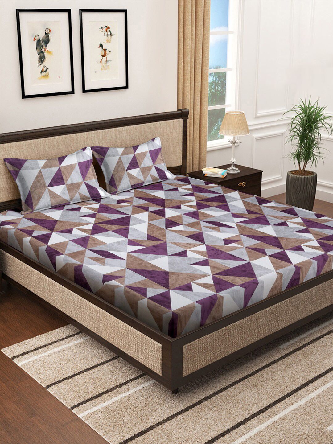 KLOTTHE Brown Printed 400 TC Pure Cotton Super King Double Bedding Set & 2 Pillow Covers