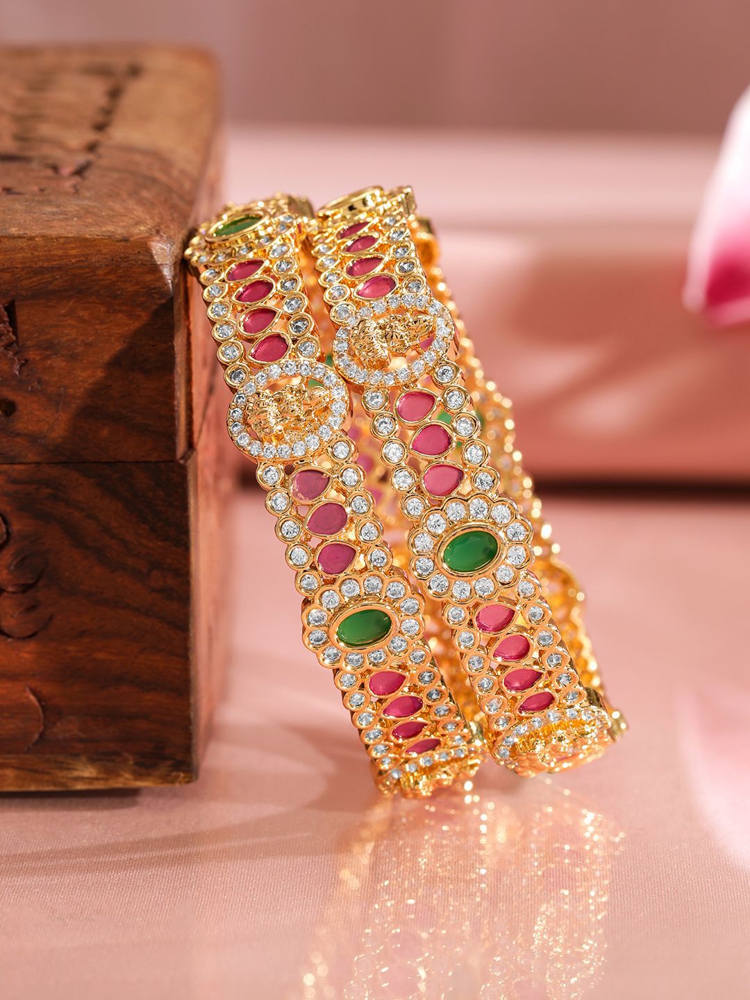 Rubans Set of 2, 22K Gold-Plated Ruby Pink & Emerald Stone Studded Traditional Bangles