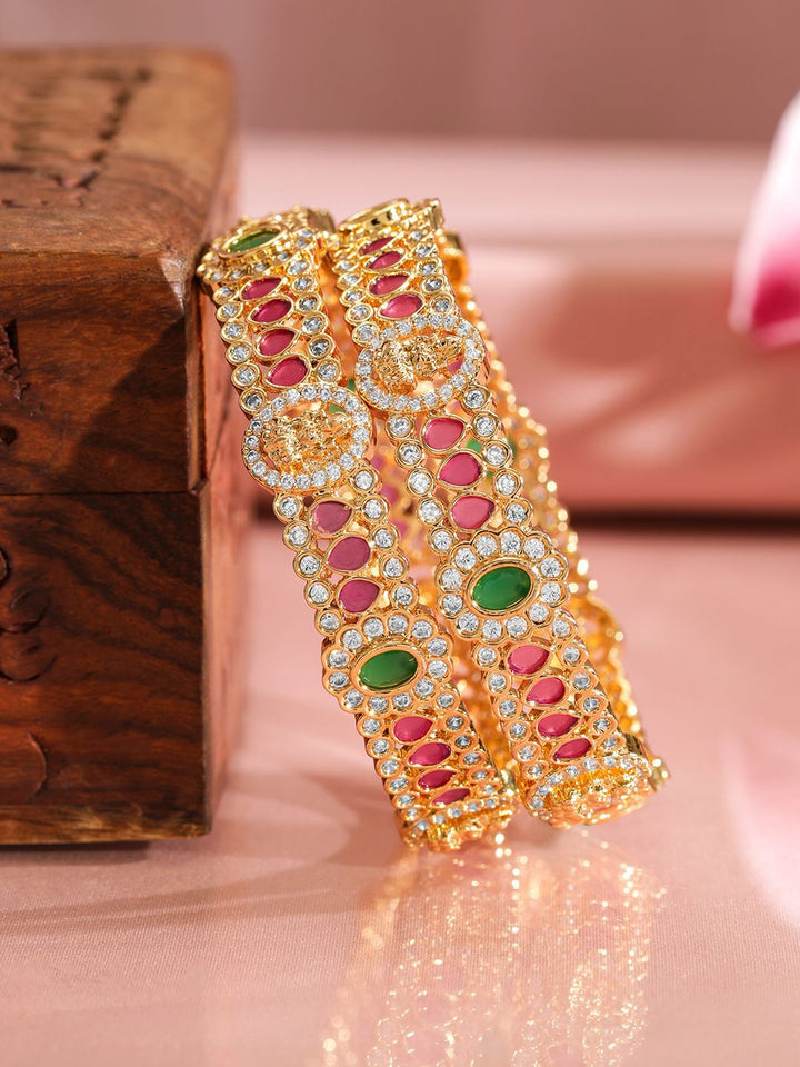 Rubans Set of 2, 22K Gold-Plated Ruby Pink & Emerald Stone Studded Traditional Bangles