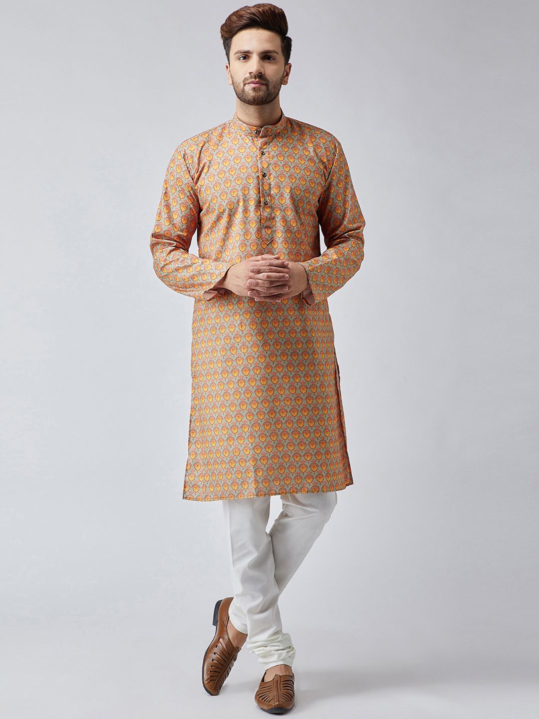 SOJANYA Men Orange & Grey Printed Straight Kurta