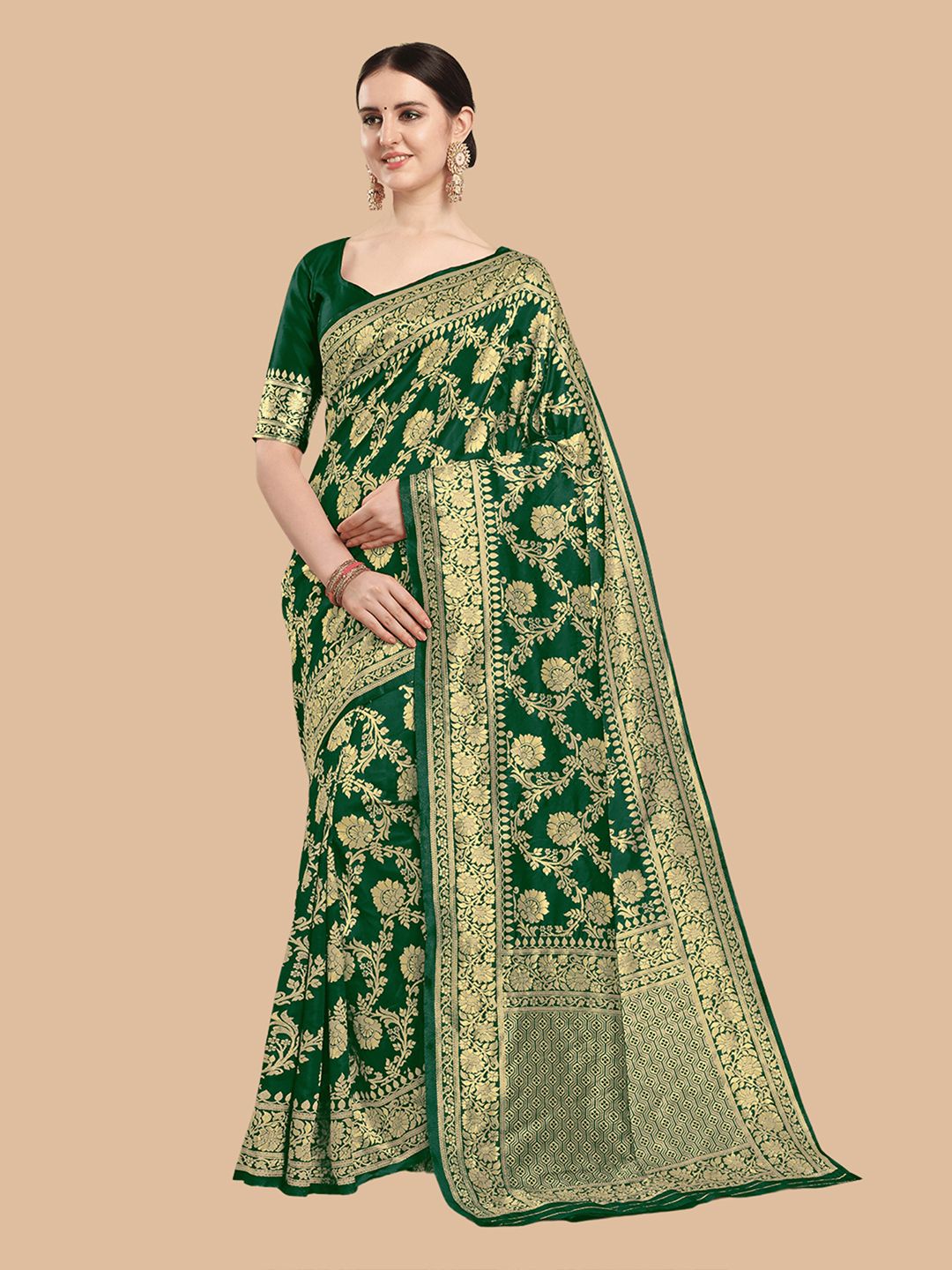 KALINI Green & Gold-Toned Woven Design Silk Blend Banarasi Saree