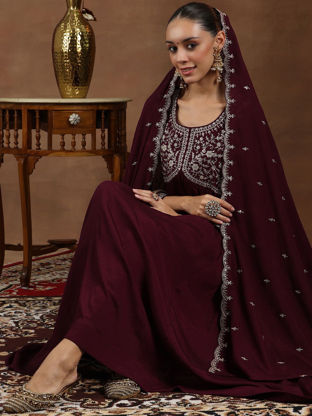 Libas Floral Yoke Design Pleated Sequinned A-Line Kurta With Trouser & Dupatta
