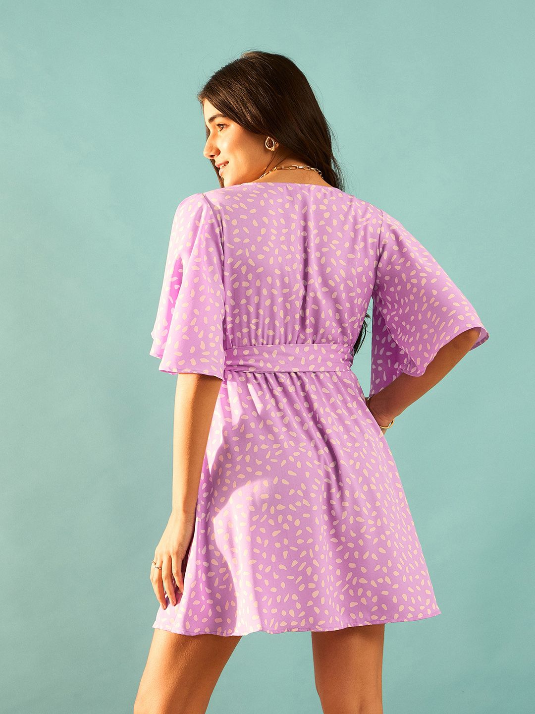 Berrylush Purple Printed Flutter Sleeve Wrap Mini Dress