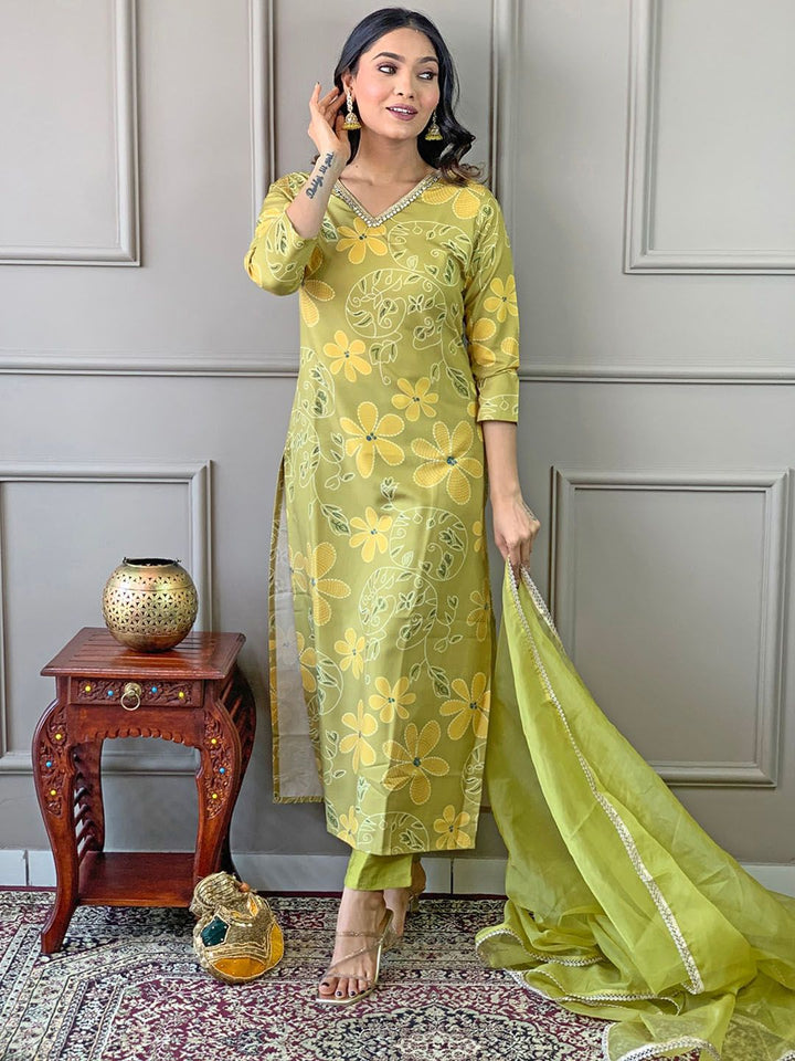 KALINI Floral Embroidered V-Neck Thread Work Straight  Kurta with Trousers & Dupatta