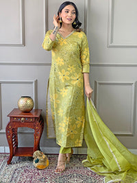 KALINI Floral Embroidered V-Neck Thread Work Straight  Kurta with Trousers & Dupatta