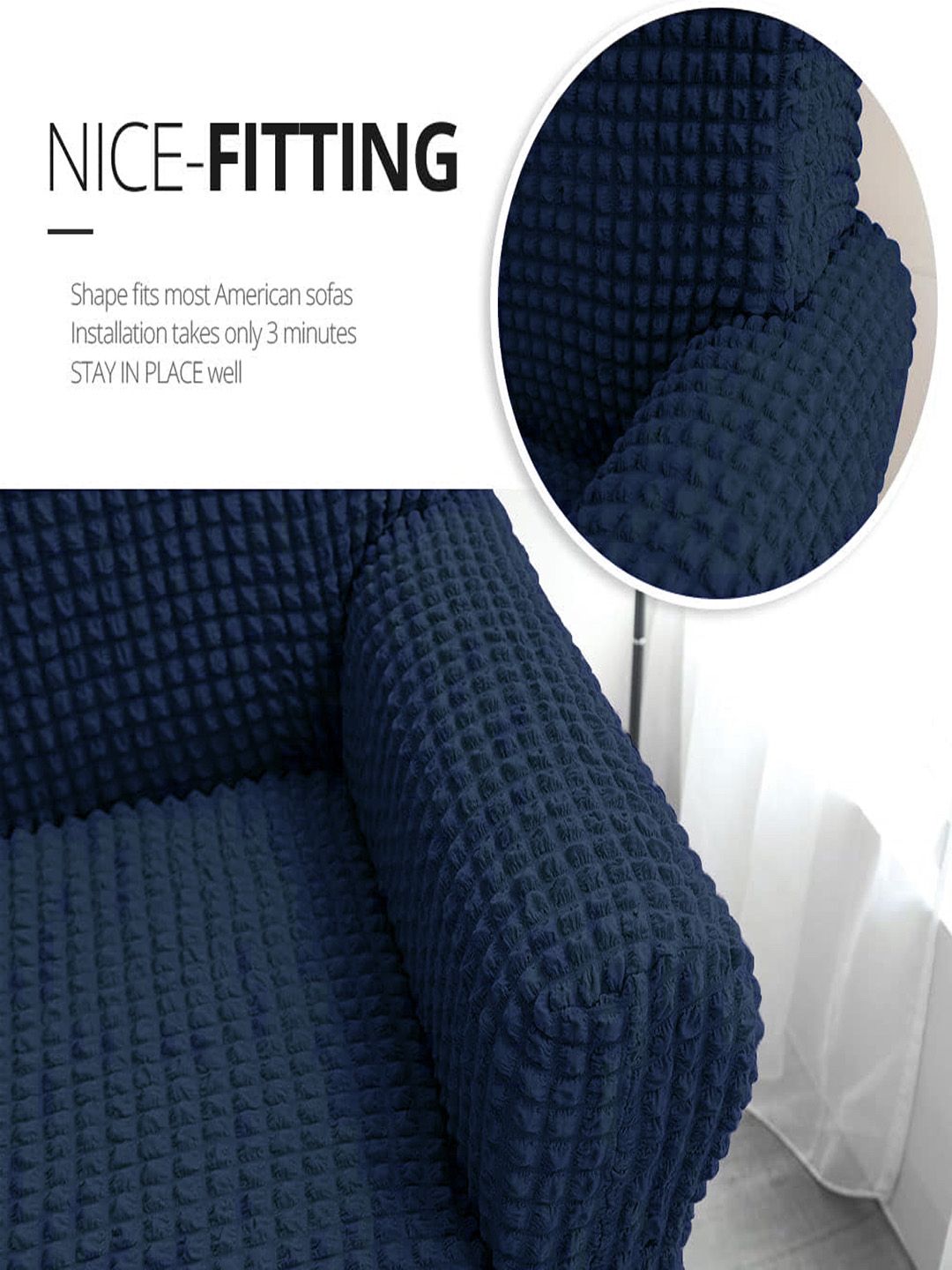 Cortina Navy Blue Ruffle 1-Seater Stretchable Sofa Cover With Skirt