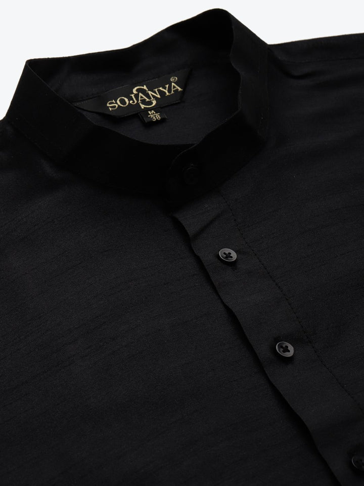 SOJANYA Men Black Thread Work Kurta with Churidar & Nehru Jacket