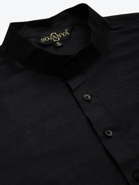 SOJANYA Men Black Thread Work Kurta with Churidar & Nehru Jacket
