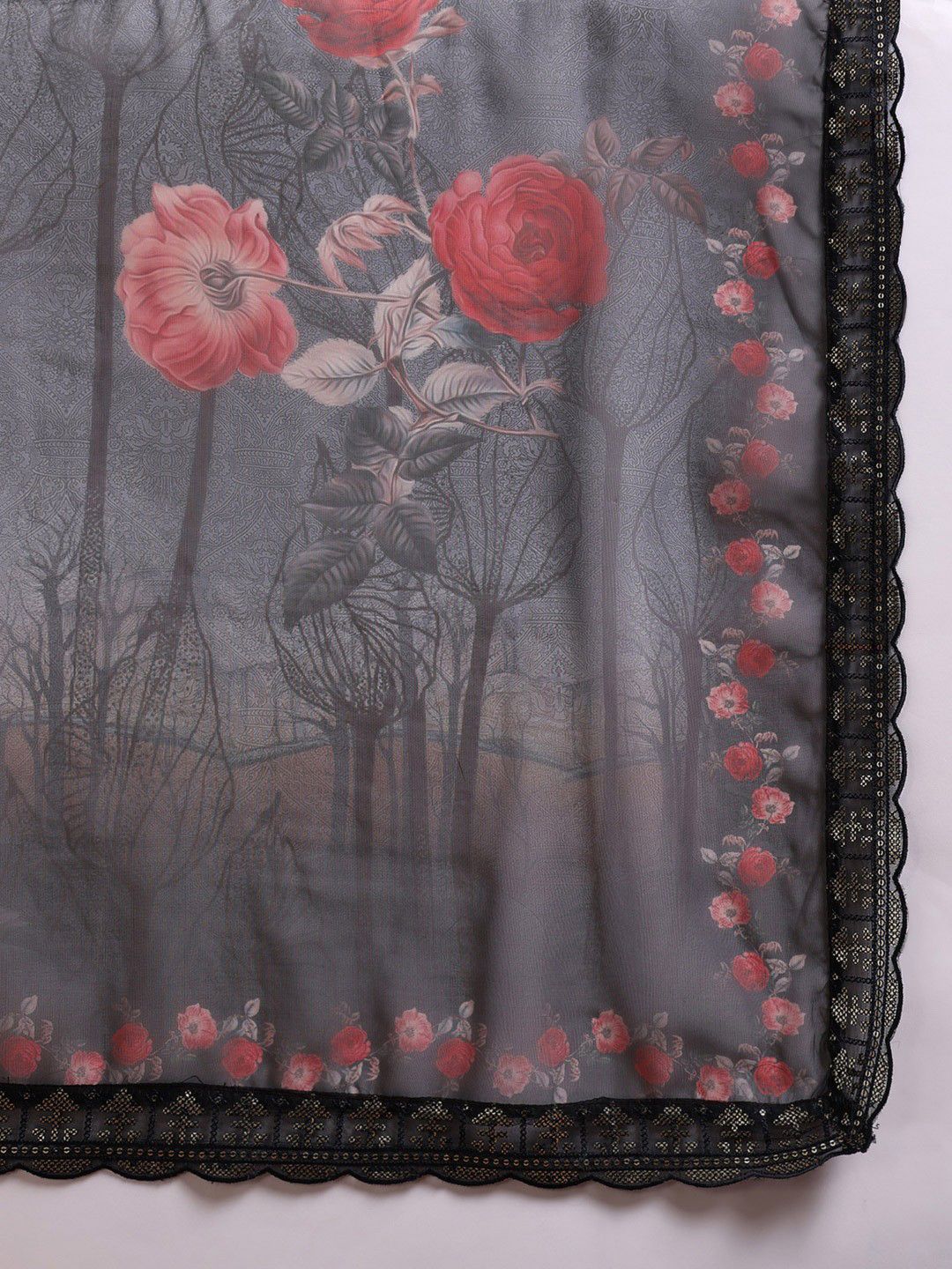 KALINI Floral Embroidered Sequinned Organza Straight Kurta With Trousers & Dupatta