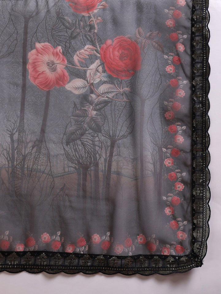 KALINI Floral Embroidered Sequinned Organza Straight Kurta With Trousers & Dupatta
