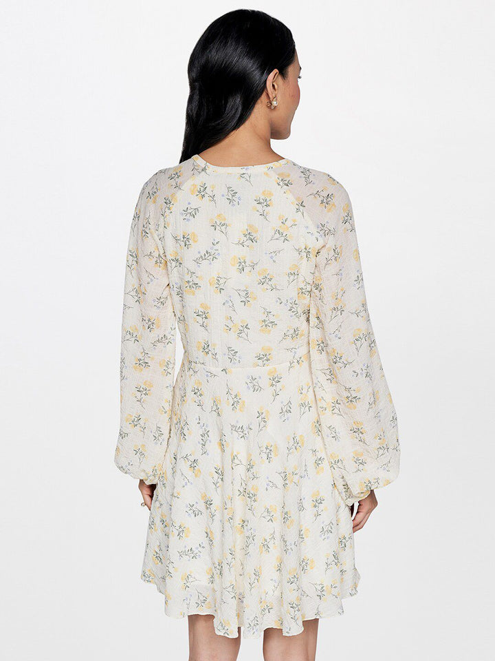 AND Floral Print Tie-Up Neck Puff Sleeve Fit & Flare Dress