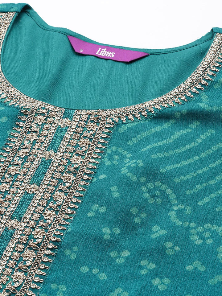 Libas Women Turquoise Blue Bandhani Printed Kurta with Trousers & With Dupatta