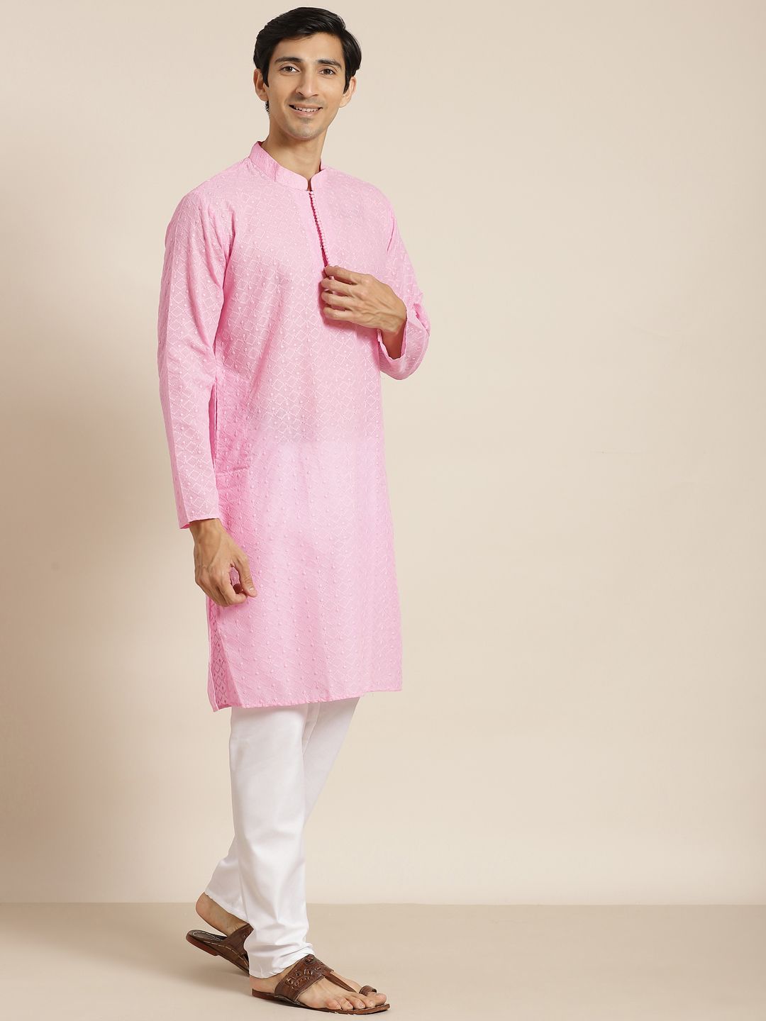 SOJANYA Men Pink Chikankari Pure Cotton Kurta with Churidar & Nehru Jacket