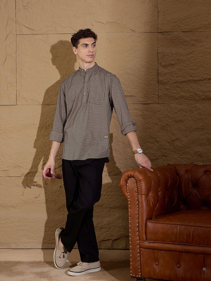 DENNISON Chevron Printed Pure Cotton Band Collar Straight Kurta