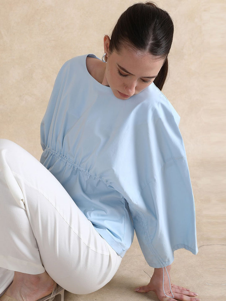 RAREISM Women Flared Sleeves Cotton Cinched Waist Top