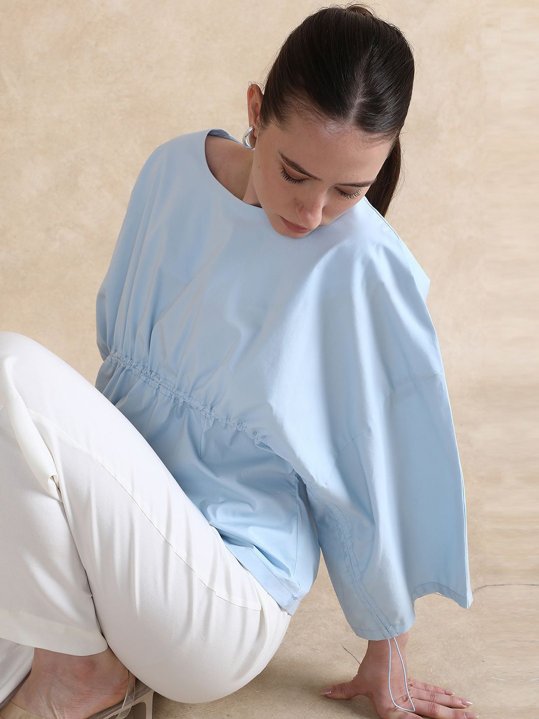 RAREISM Women Flared Sleeves Cotton Cinched Waist Top