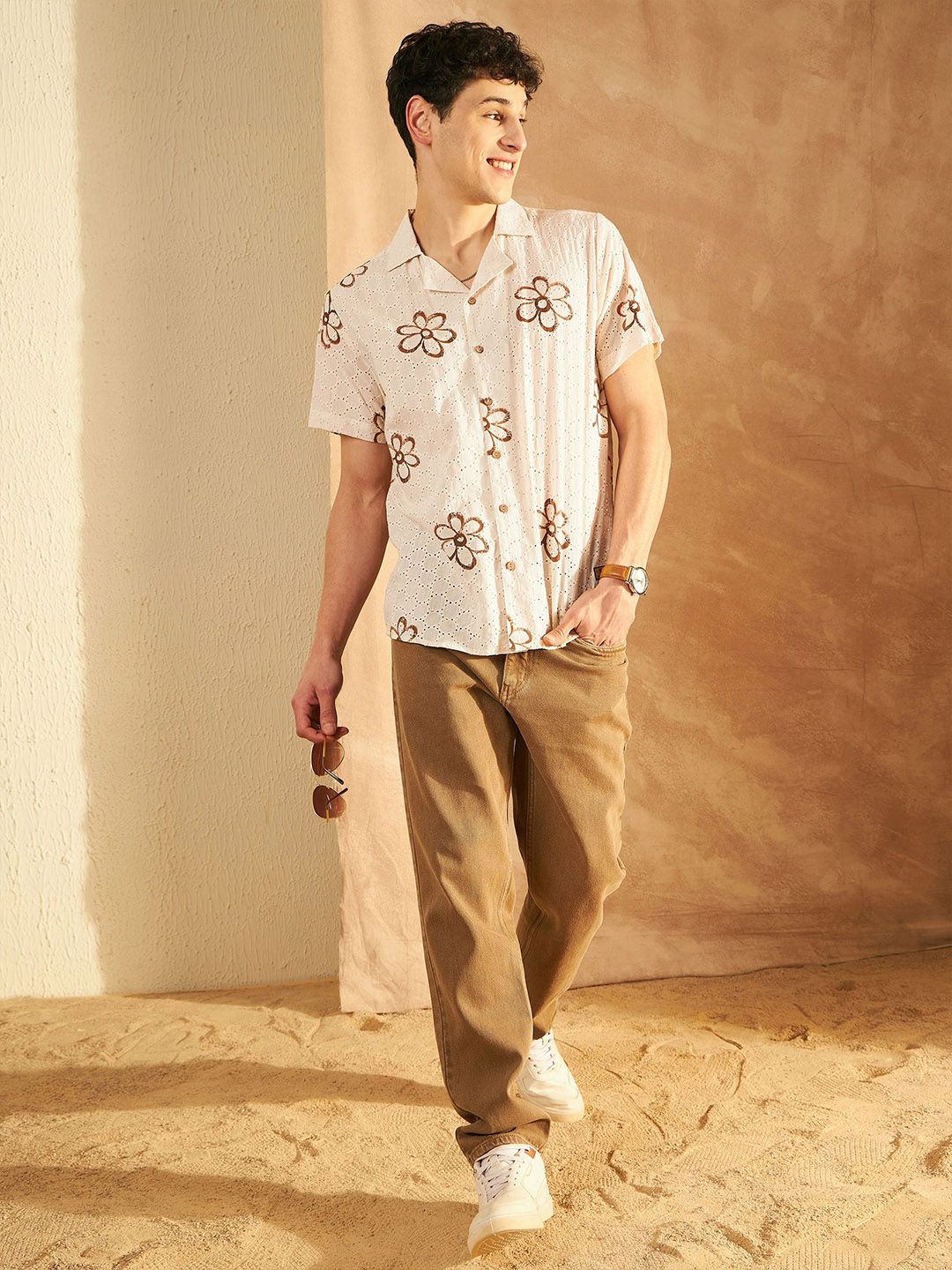 DENNISON Men Schiffli Block Printed Oversized Casual Shirt