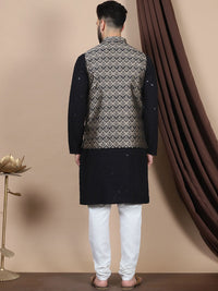 Anouk Black Floral Embroidered Sequinned Cotton Straight Kurta & Churidar & Nehru jacket