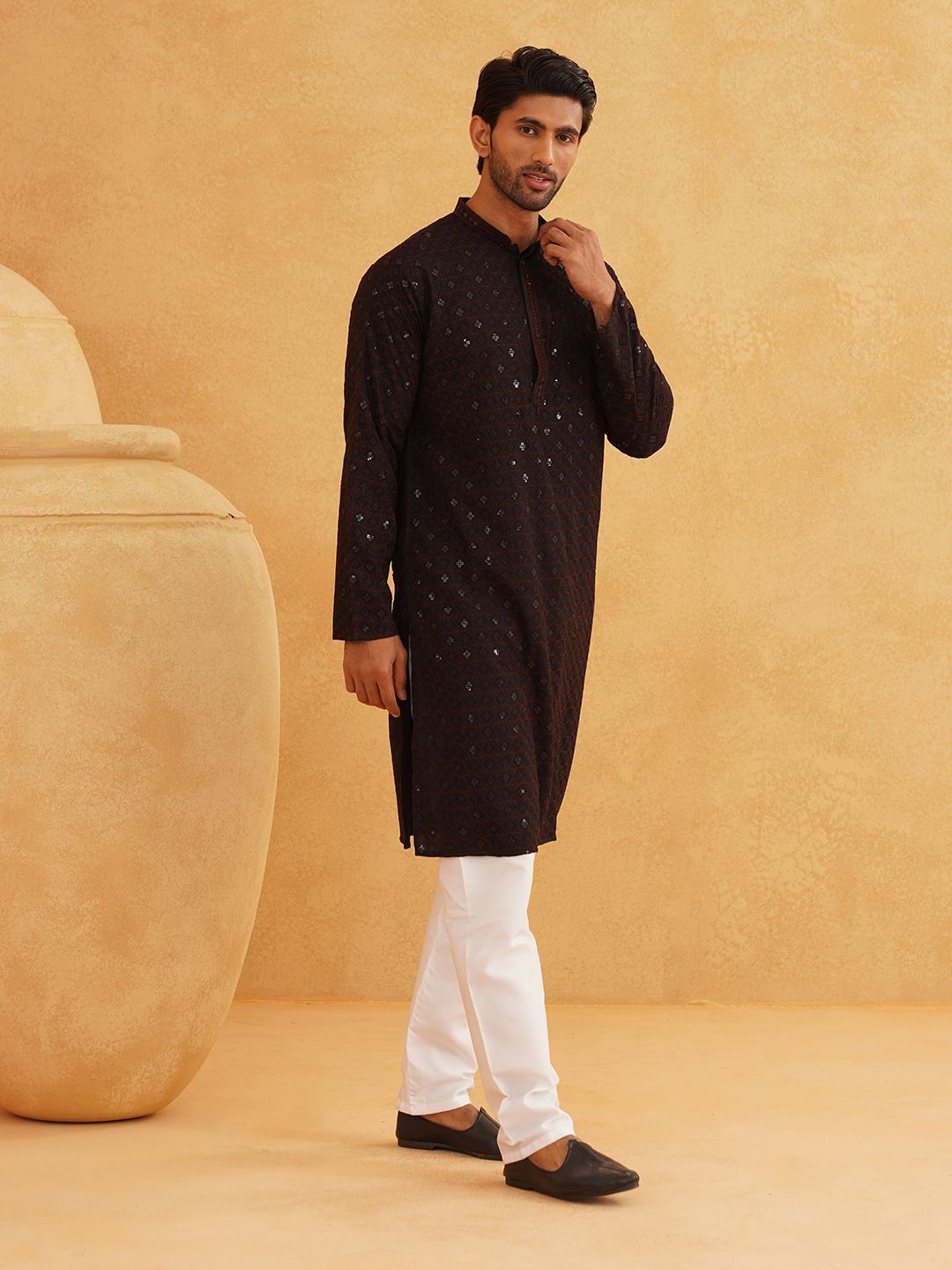 SOJANYA Motif Etnik Bersulam Kolar Mandarin Labuci Kapas Tulen Kurta Lurus