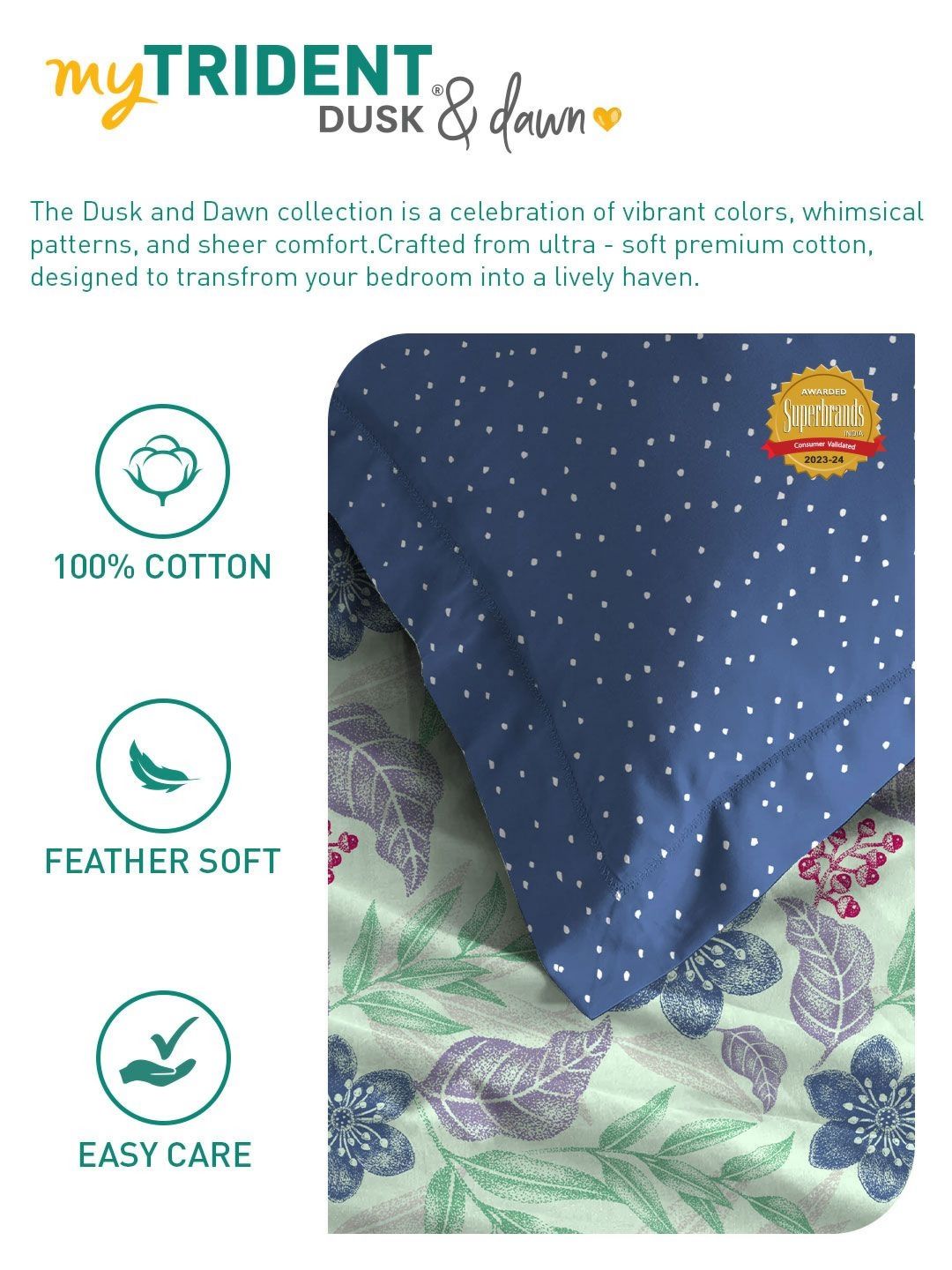 MYTRIDENT Glitter Blue Dusk & Dawn Flat 144TC Queen Cotton 1 Bedsheet with 2 Pillow Covers