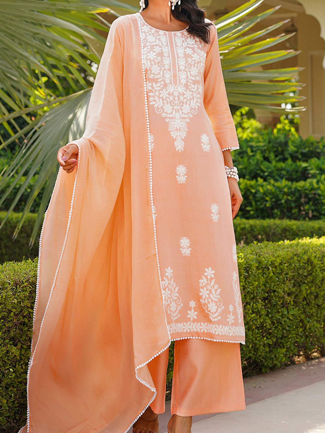 KALINI Floral Embroidered Round Neck Thread Work Kurta With Palazzos And Dupatta