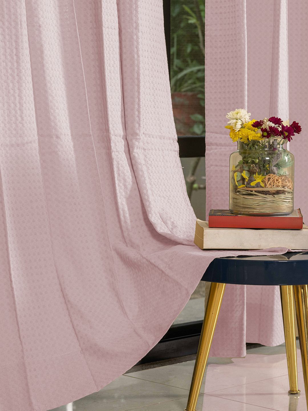 URBAN SPACE Waffle Pink 2 Pieces Cotton Long Door Curtains
