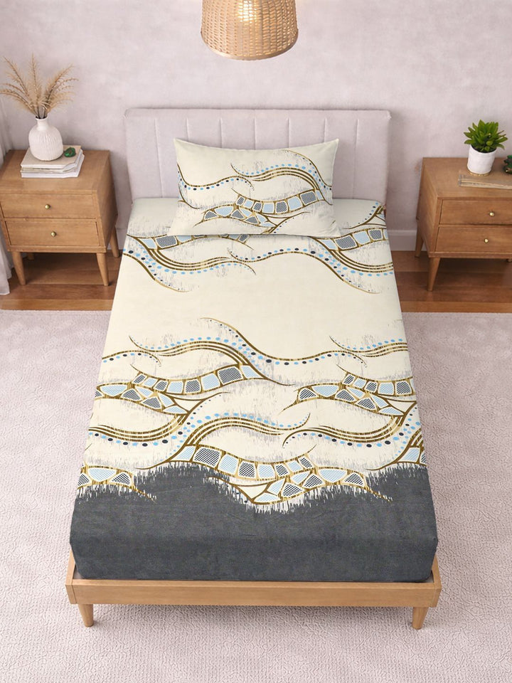 KLOTTHE Cream Abstract Printed 300 TC Single Bedsheets