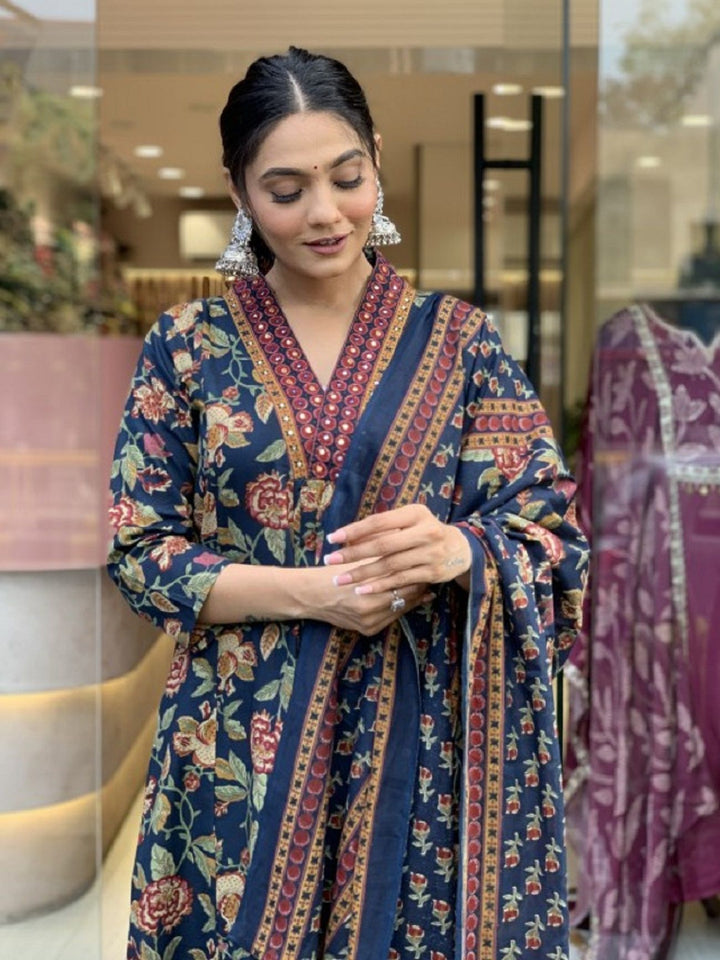 KALINI Floral Printed V-Neck Pleated A-Line Kurta With Trouser And Dupatta