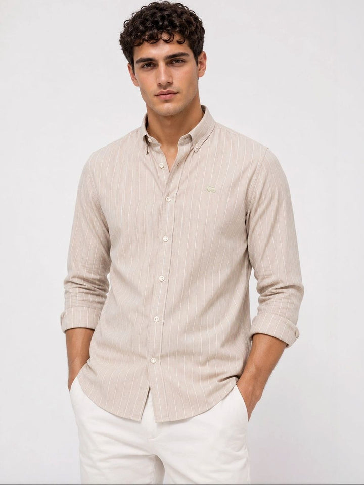 ADRO Men Beige Striped Regular Fit Casual Cotton Shirt