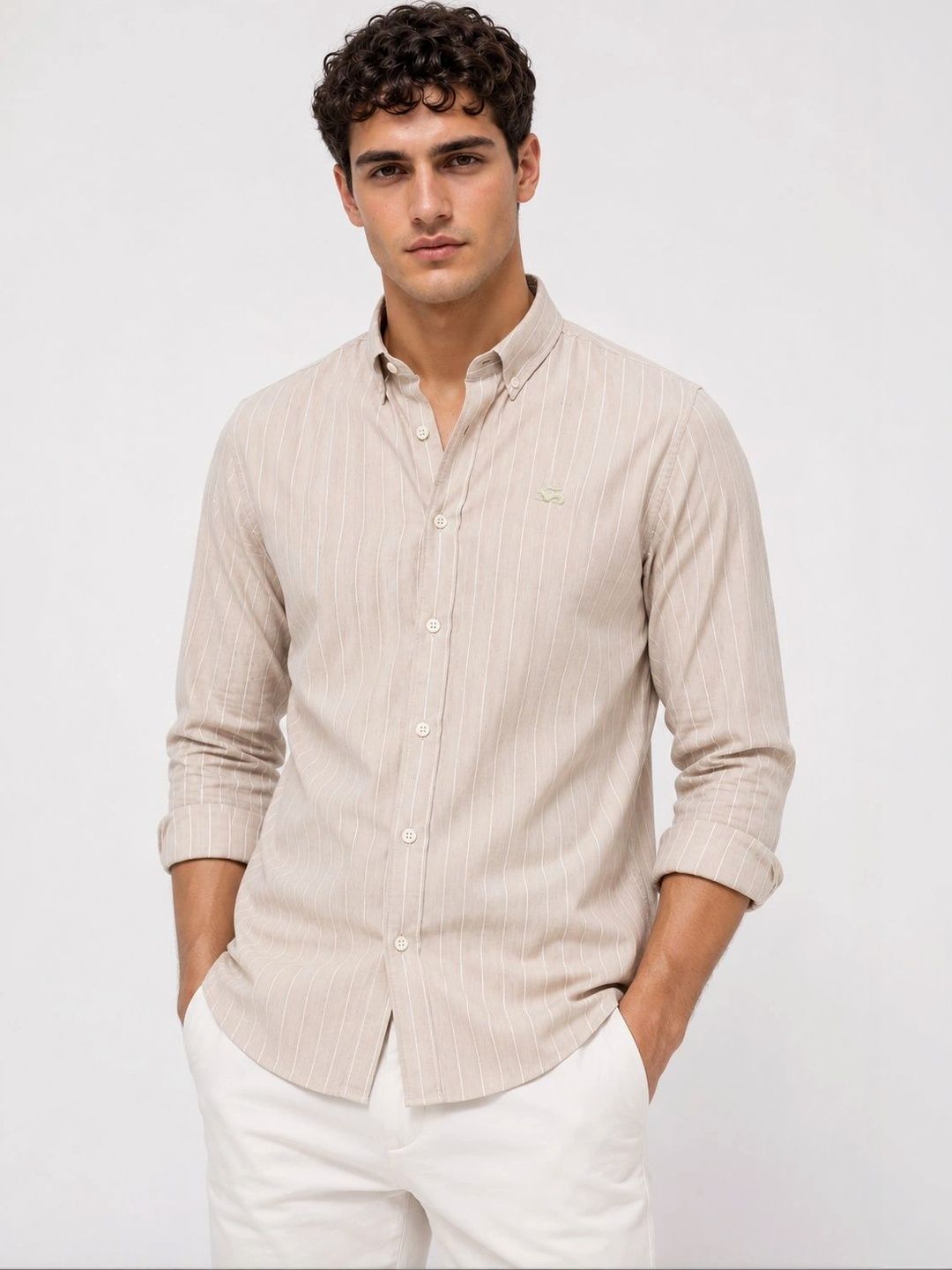 ADRO Men Beige Striped Regular Fit Casual Cotton Shirt