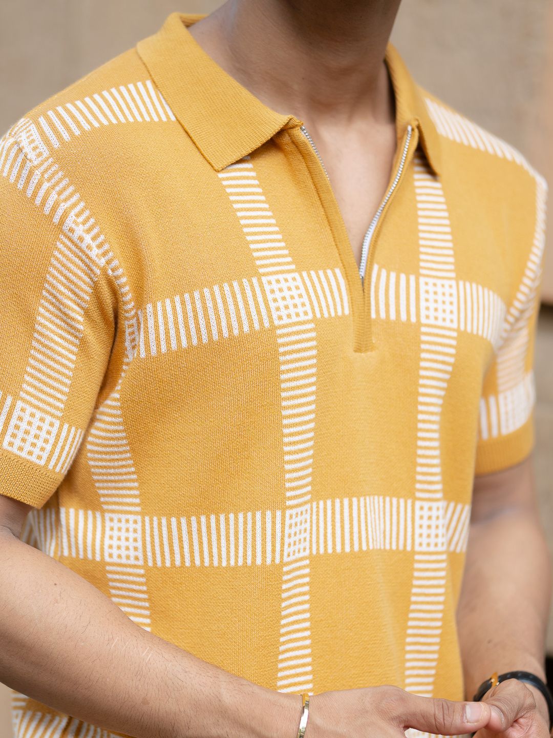 Powerlook SS25 Knitted Checked Polo Collar Pure Cotton T-Shirt