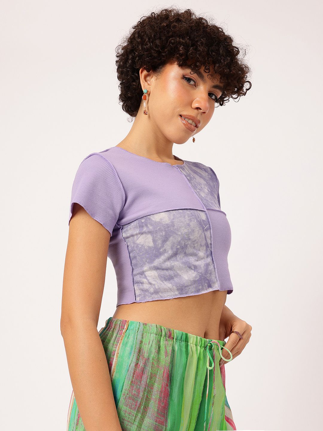 Lavender Tie-Dye Ribbed Crop Top with Round Neck