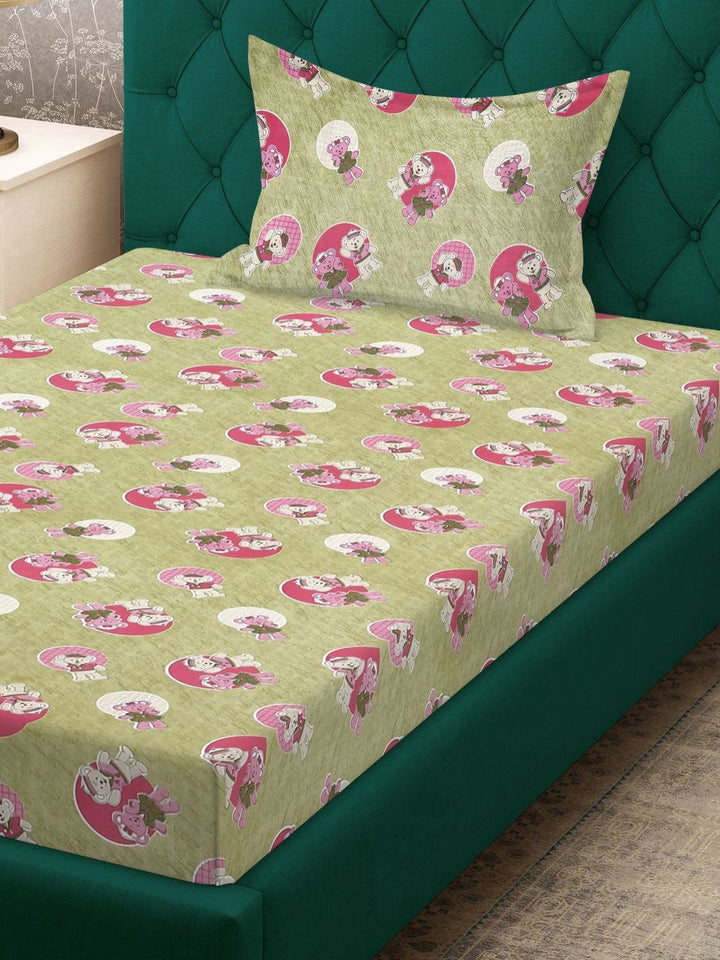 KLOTTHE Kids Green Printed 400TC Cotton Single Fitted Bedsheet Set 2.25m x 1.5m