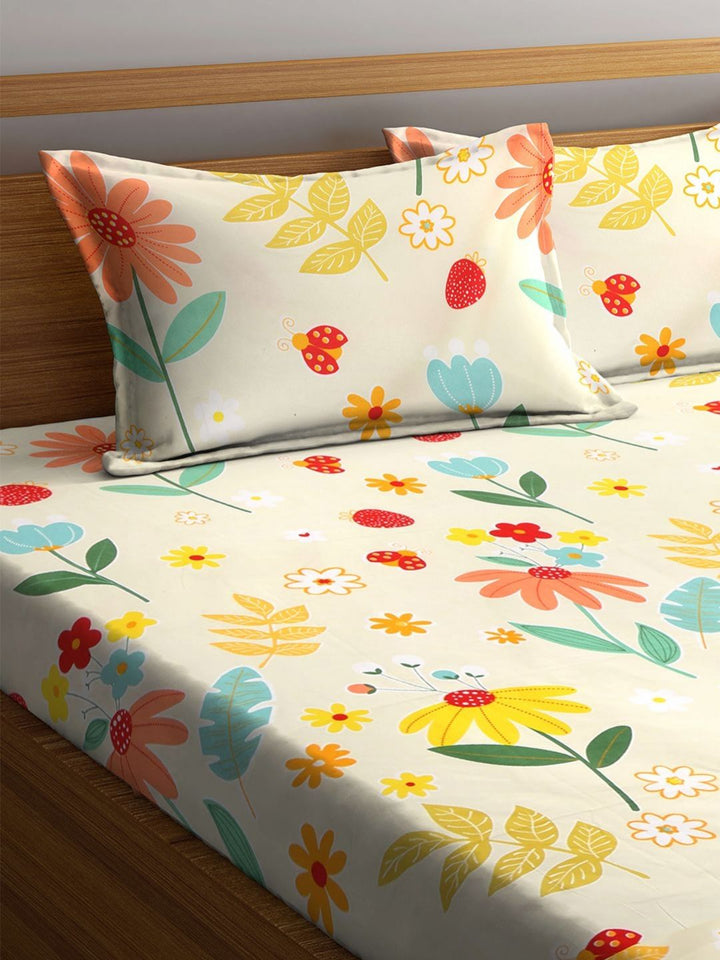 Myntra Elegant Homes Yellow Floral Cotton 300 TC King Fine Bedsheet with 2 Pillow Covers-98 x 87 inches