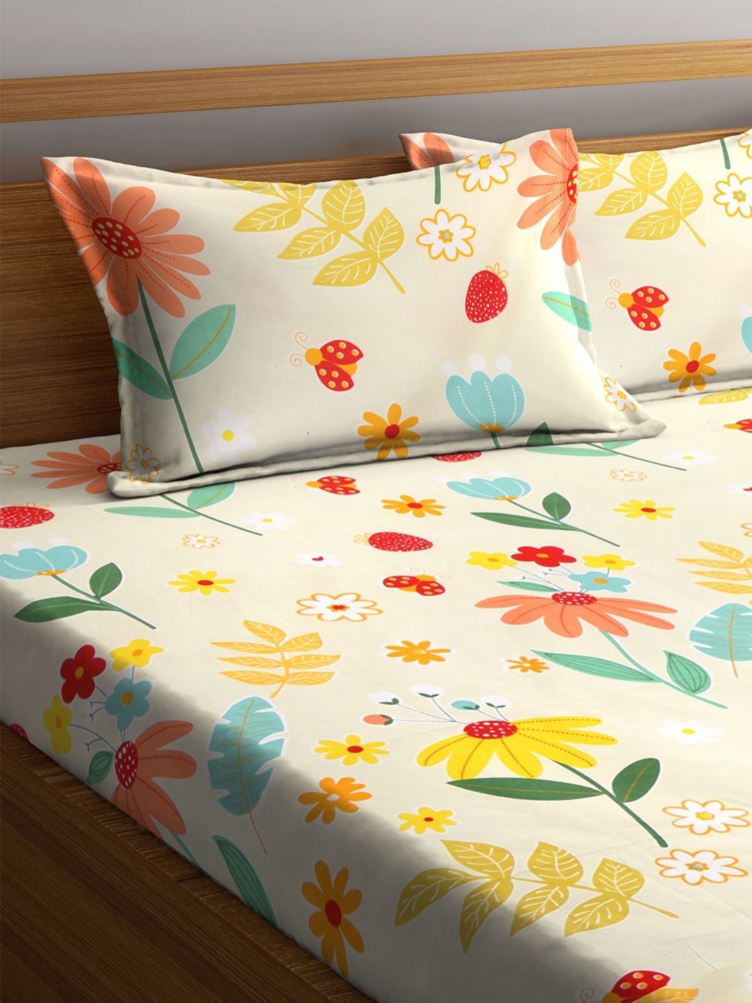 Myntra Elegant Homes Yellow Floral Cotton 300 TC King Fine Bedsheet with 2 Pillow Covers-98 x 87 inches