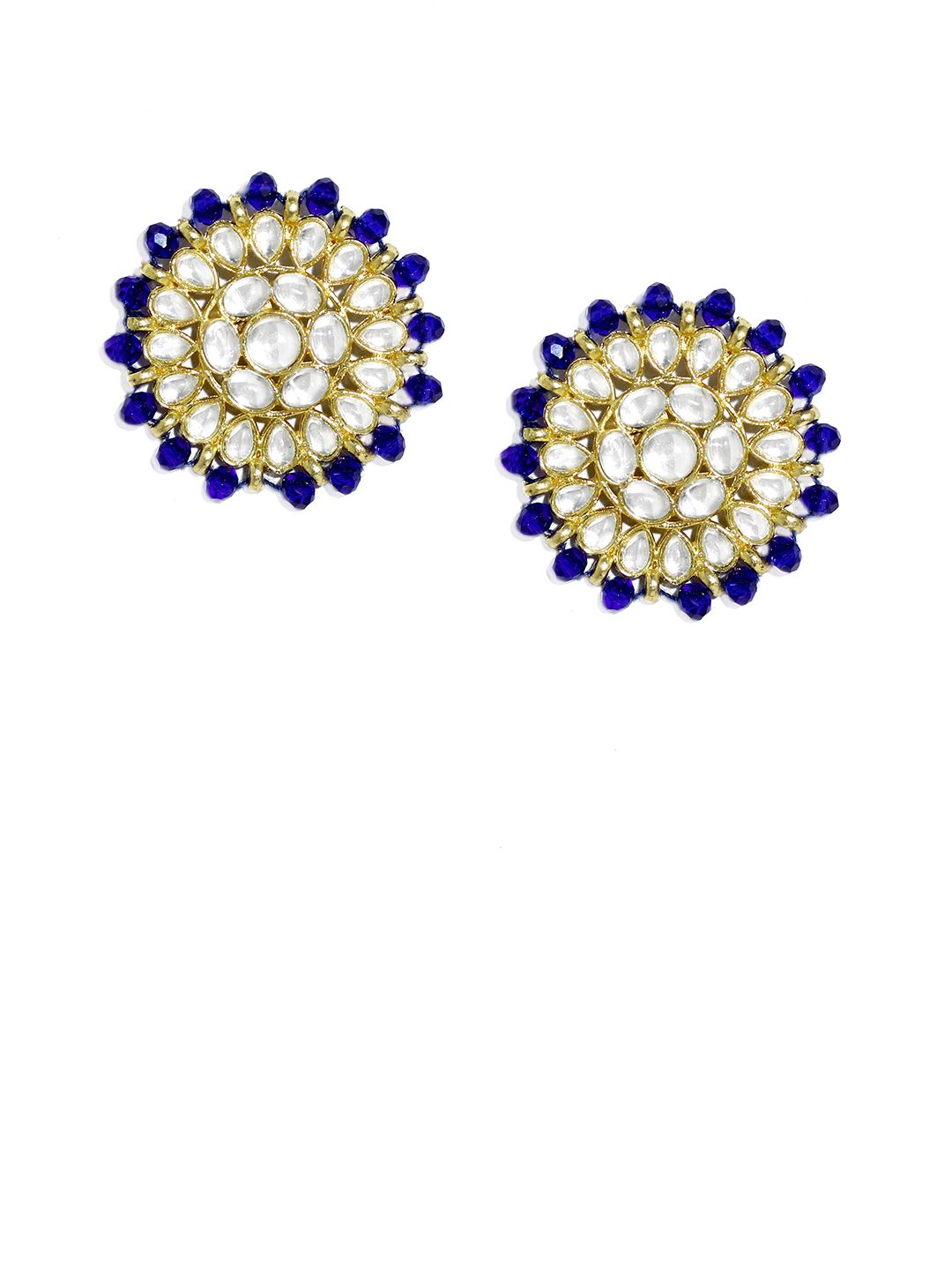 KARATCART Gold-Plated White Crystal & Kundan-Studded & Blue Beaded Handcrafted Jewellery Set