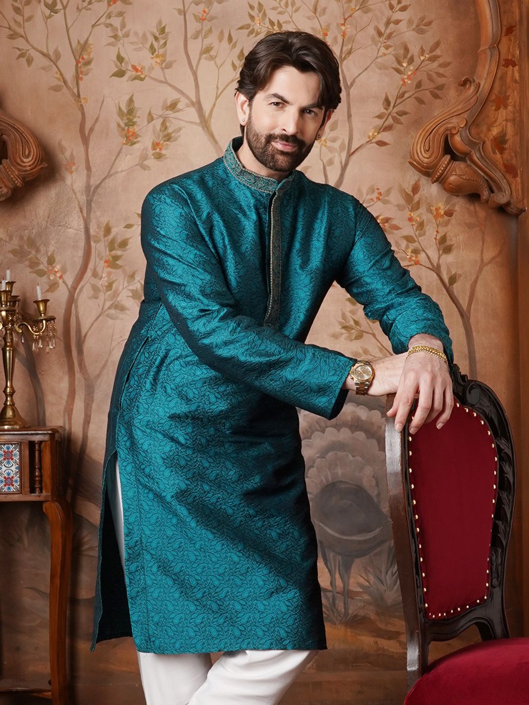 SOJANYA Men Teal Green Woven Design Kurta Lurus