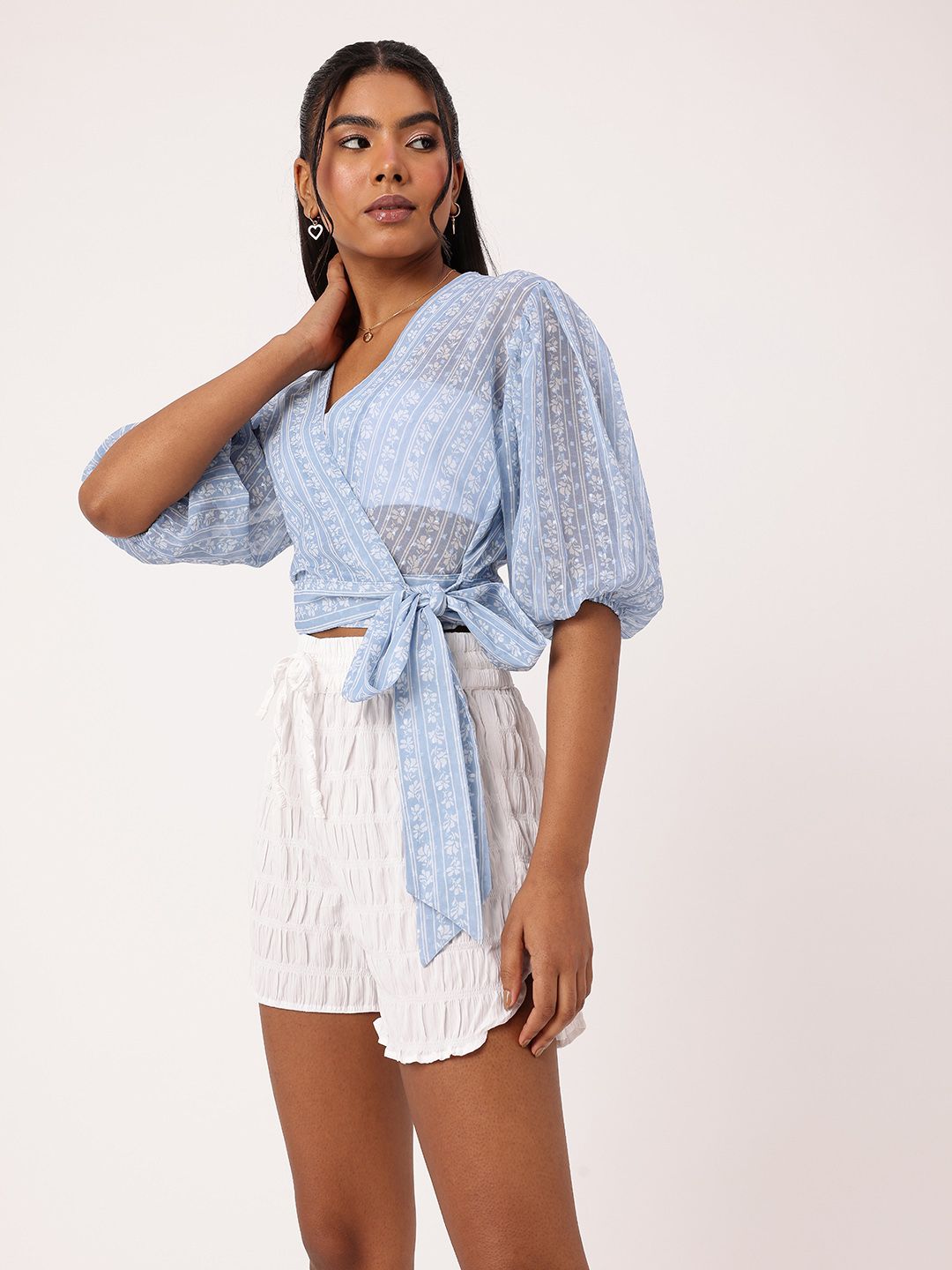 DressBerry Stylish Petal Strip Print Semi Sheer Crop Wrap Top With Inner Slip