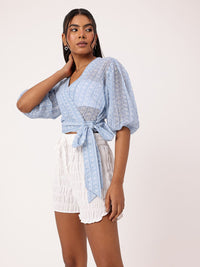 DressBerry Stylish Petal Strip Print Semi Sheer Crop Wrap Top With Inner Slip