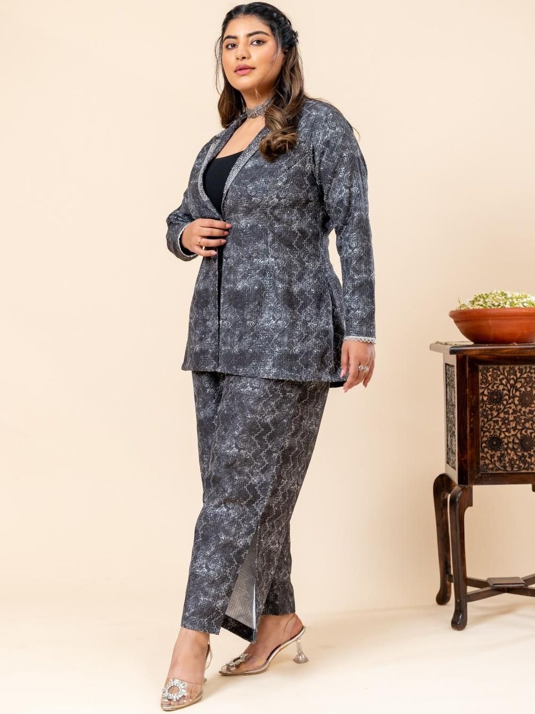 Mamicha Printed Lapel Collar Coat & Trousers Co-Ords Set