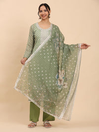 Mamicha Women Floral Embroidered Thread Work Kurta And Trouser With Dupatta